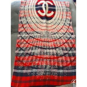 Chanel Paris Silk Wool Scarf Red Navy Blue Plaid CC Logo Shawl WrapMade in Italy